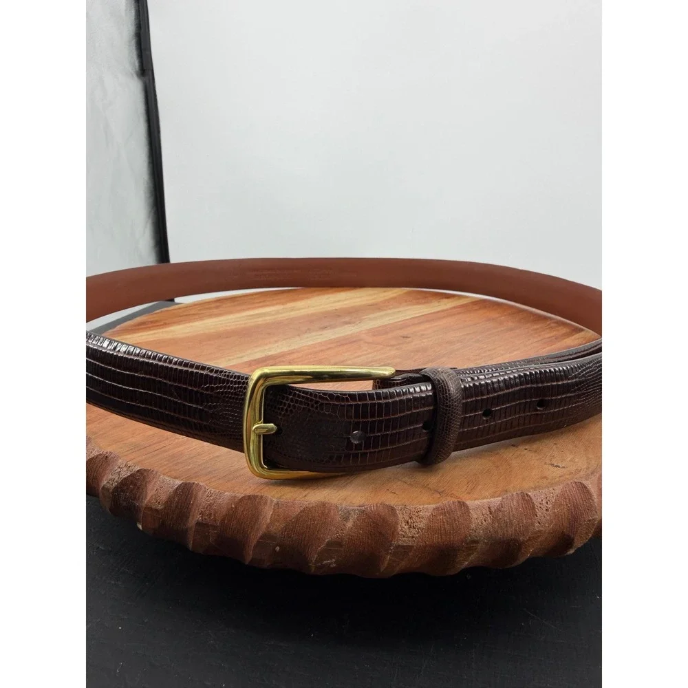 Roundtree & Yorke Italian Calfskin Belt Mens 44 Brown Lizard Embossed Brass